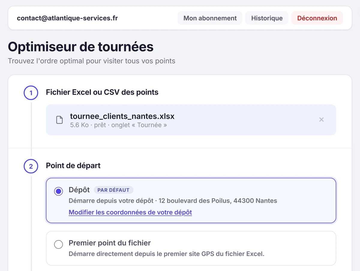 Tableau de bord Tournée GPS avec le fichier de tournée chargé et reconnu, puis le choix du point de départ