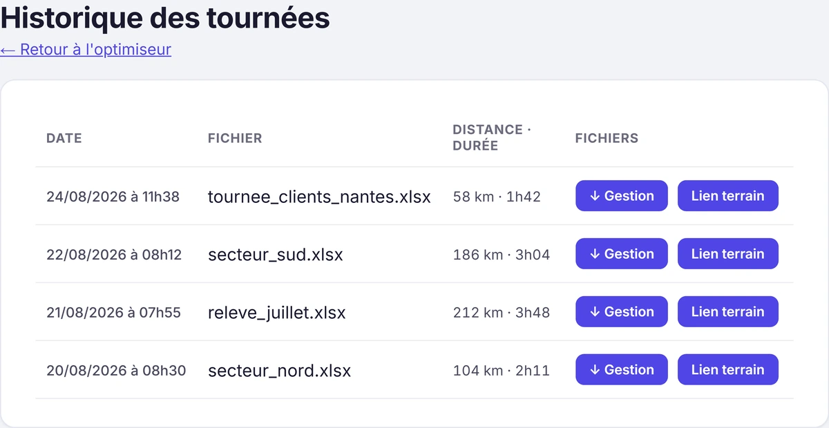 Écran historique listant les tournées passées, avec pour chacune le fichier de gestion à télécharger et le lien terrain à republier