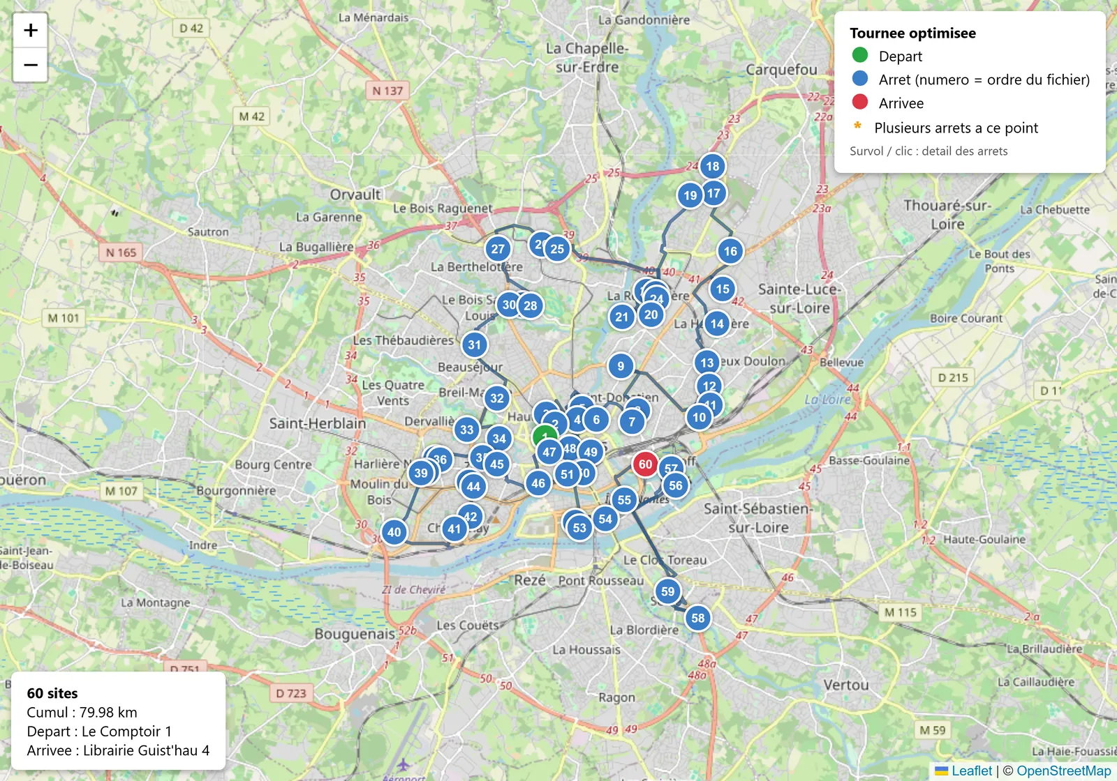 Tournée de 60 arrêts calculée d'un coup, six fois la limite de dix points de Google Maps