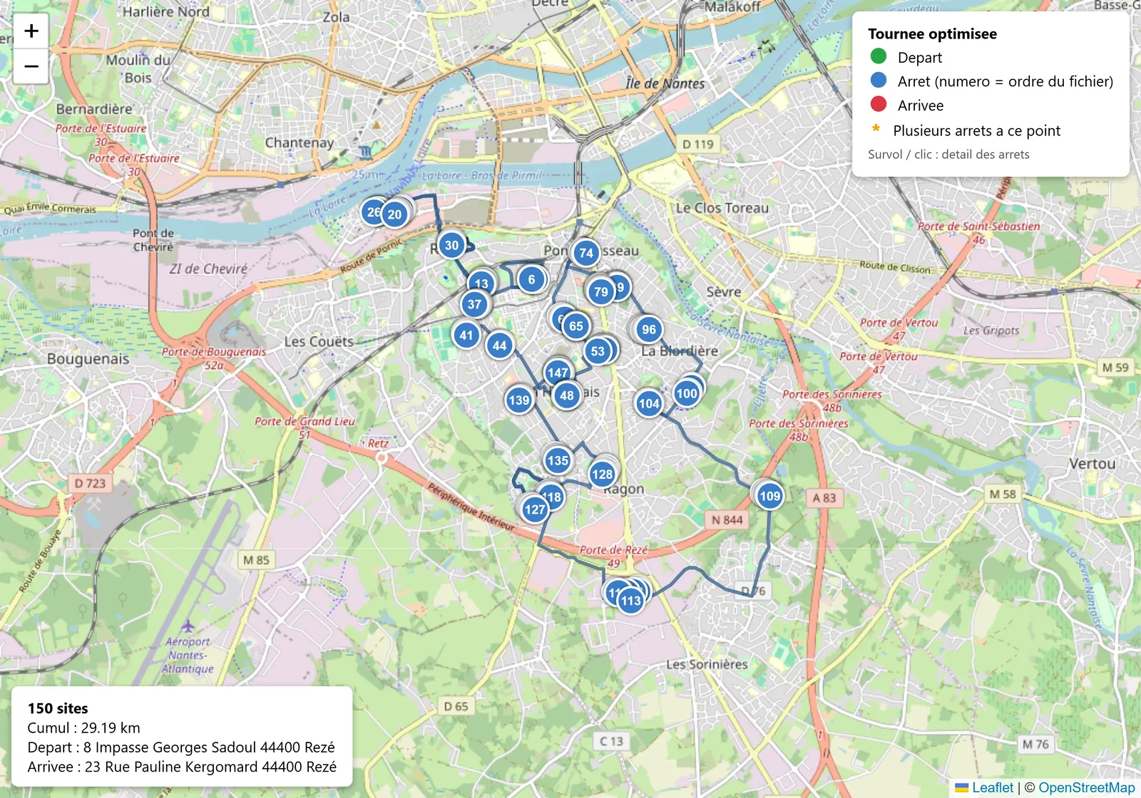 Carte d'une tournée de 150 compteurs à Rezé, parcourue en peigne rue par rue